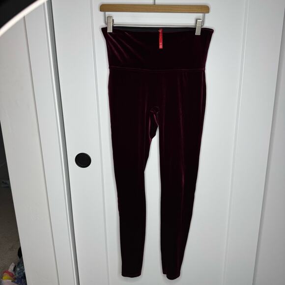 Spanx Velour Stretch Velvet High Rise Burgundy Wine Leggings Size Large - Picture 2 of 5